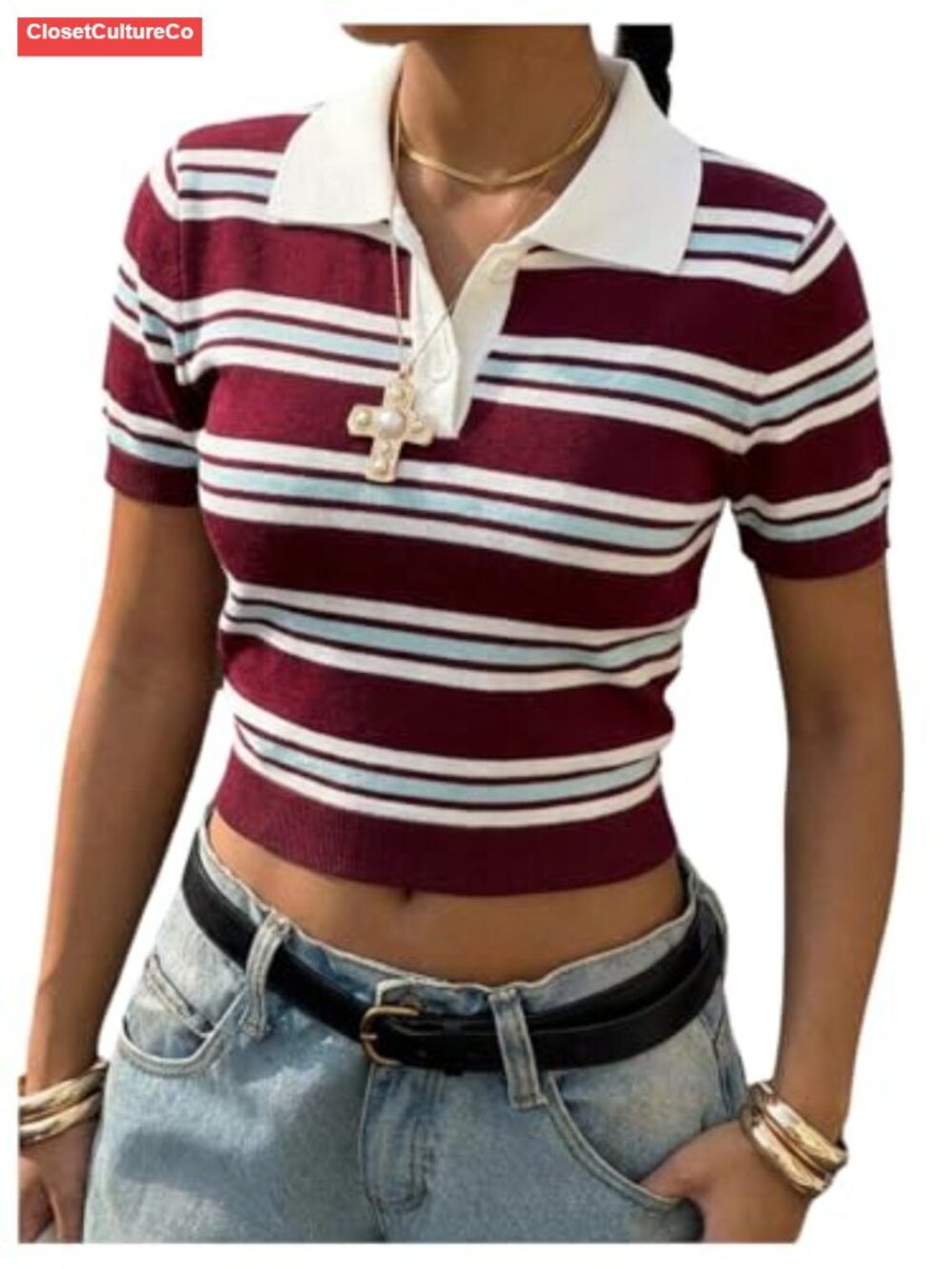 Striped Rugby Knit Crop Sweater Collared Short Sleeve Pullover
